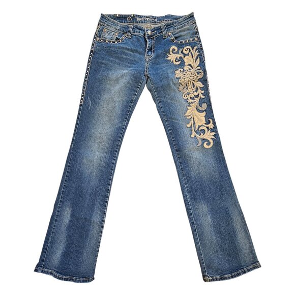 Trinity Ranch Bedazzled Embroidered Blue Denim Bootcut Jeans Sz Junior 11 - Picture 3 of 12